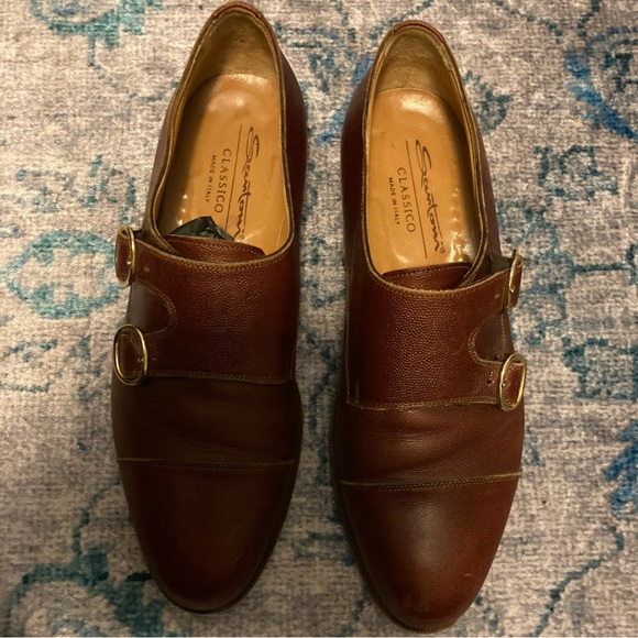 Santoni 15617  02 Brown Pebbled Leather Plain Toe Double Monk Strap Size 8.5D